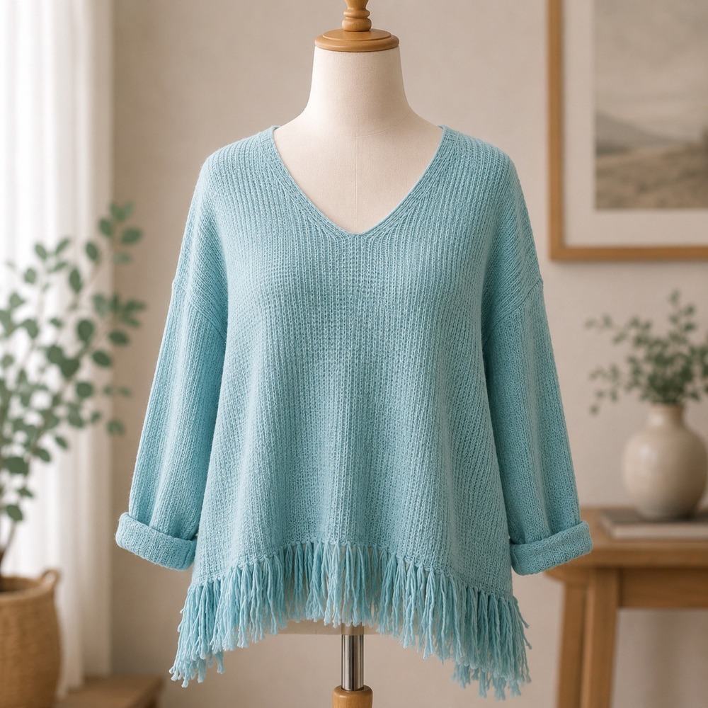 Canyon Retreat Fringe V-Neck Knit Sweater Womens XL Aqua Blue Boho Oversized
